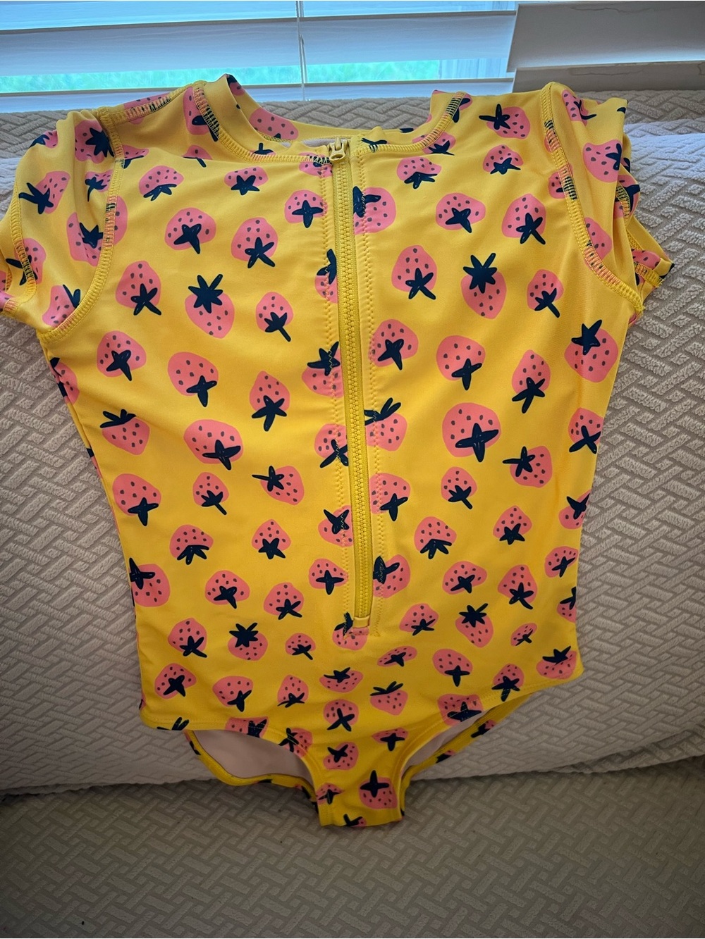 TEA | Girls' Yellow Strawberry Print Zip-Front Swimsuit